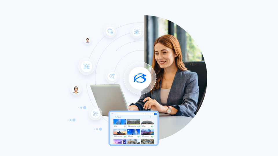 A woman in business attire works on a laptop, with digital icons and a tablet displaying travel options superimposed around her.