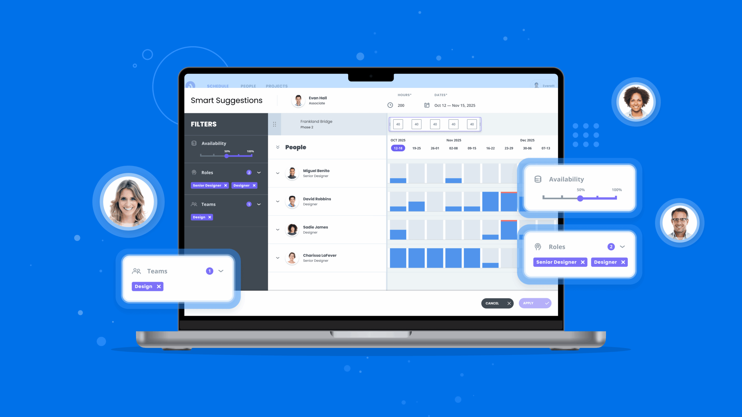 A laptop displays a resource management dashboard with team member profiles, availability, and project roles, set against a blue background with floating profile icons and interface elements.