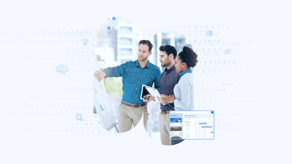 Three people stand in an office discussing charts on a whiteboard, holding a tablet and notebook, with digital data graphics overlaid on the image.