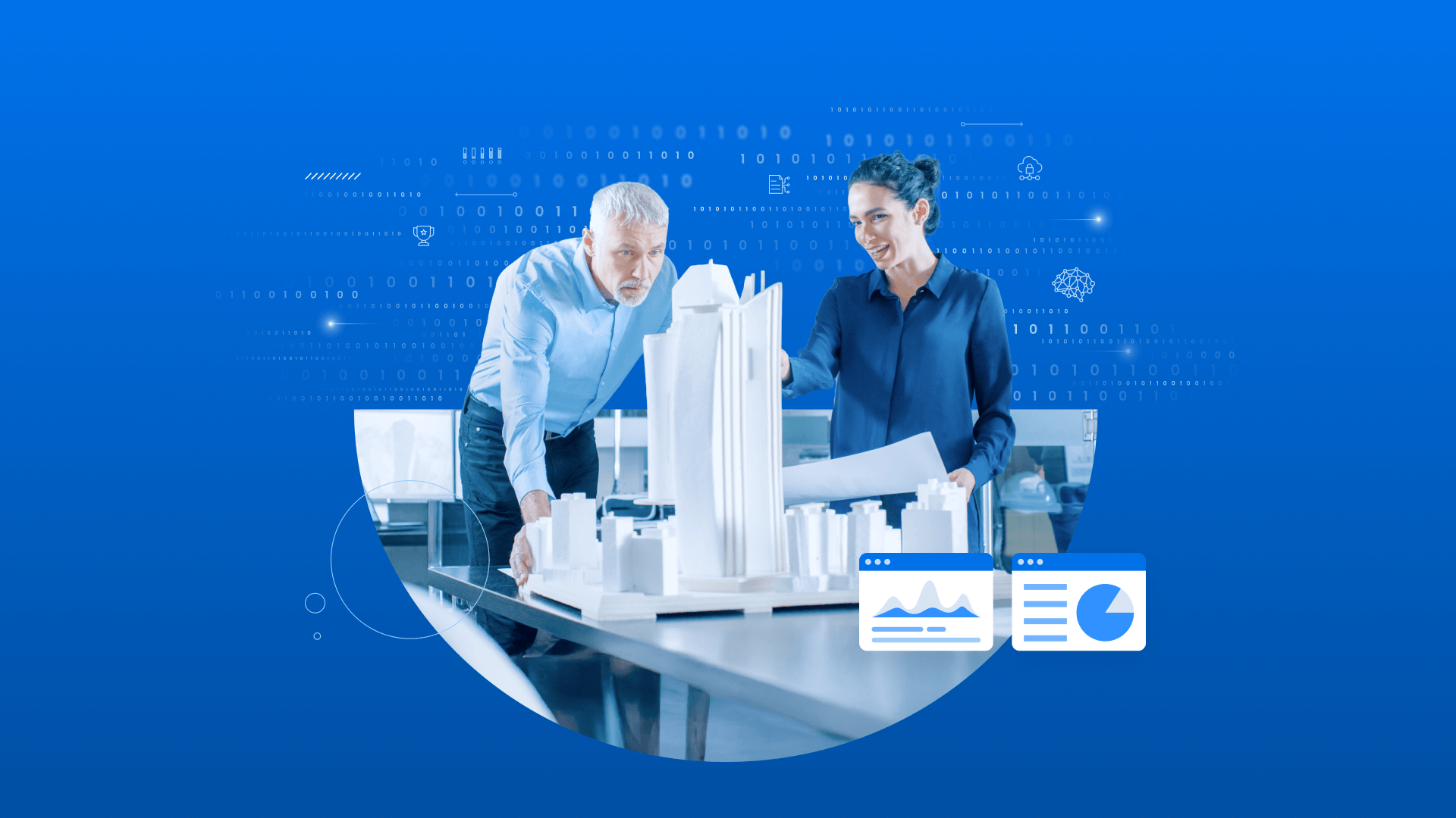 A man and a woman examine a white architectural model of a city skyscraper on a table, with digital data graphics overlaid on a blue background.