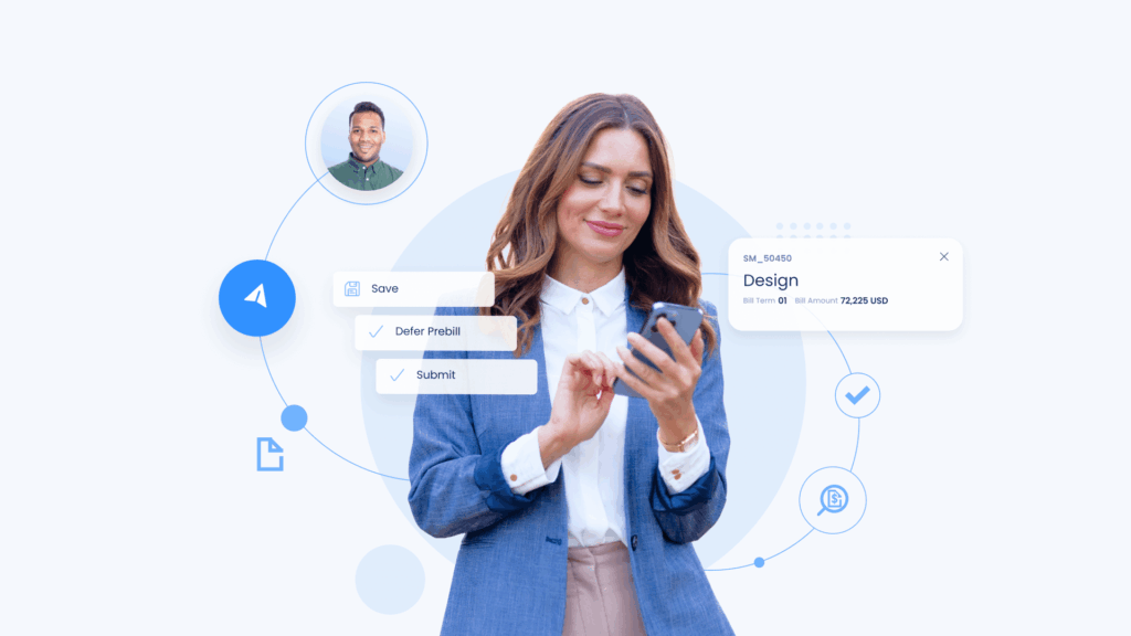 A woman in business attire uses a smartphone, surrounded by floating UI elements including checklists, a profile photo, and a design project card.