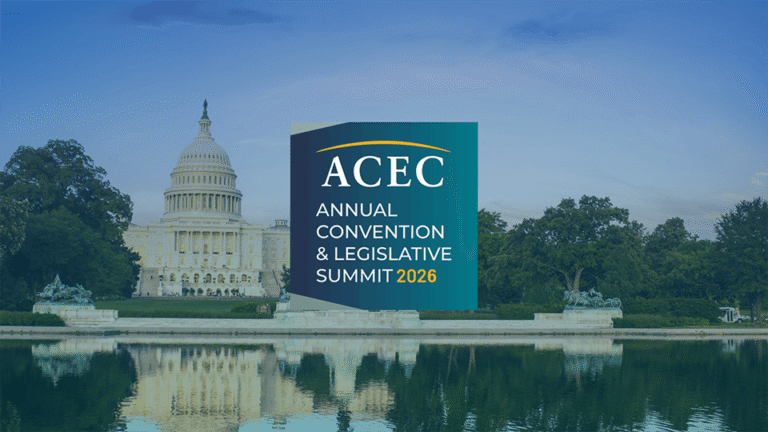The U.S. Capitol building with a large ACEC Annual Convention & Legislative Summit 2026 sign in front, reflected in a nearby pool.