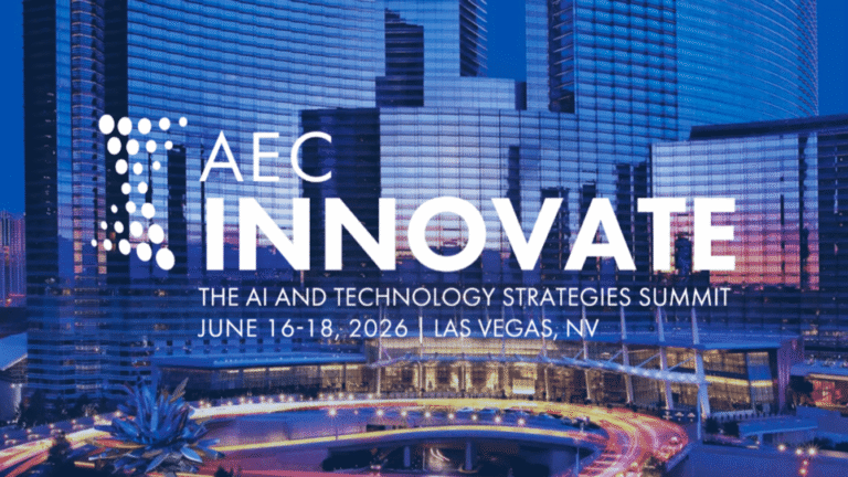 View of a modern glass building with the text "AEC Innovate: The AI and Technology Strategies Summit, June 16-18, 2026, Las Vegas, NV" overlaid on the image.
