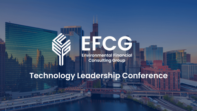 Logo and text for EFCG Technology Leadership Conference appear over a cityscape with tall buildings and a river in the foreground.