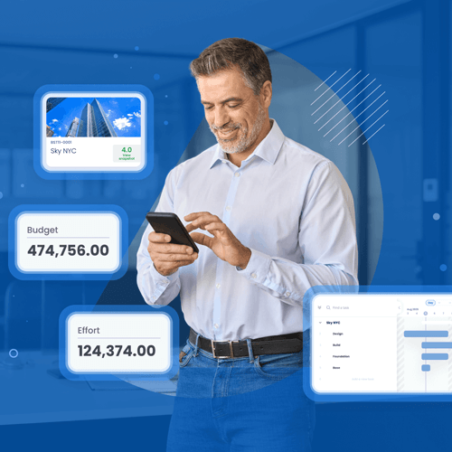 A man in a light blue shirt uses a smartphone, surrounded by digital graphics displaying budget, effort, a project card, and a workflow chart.