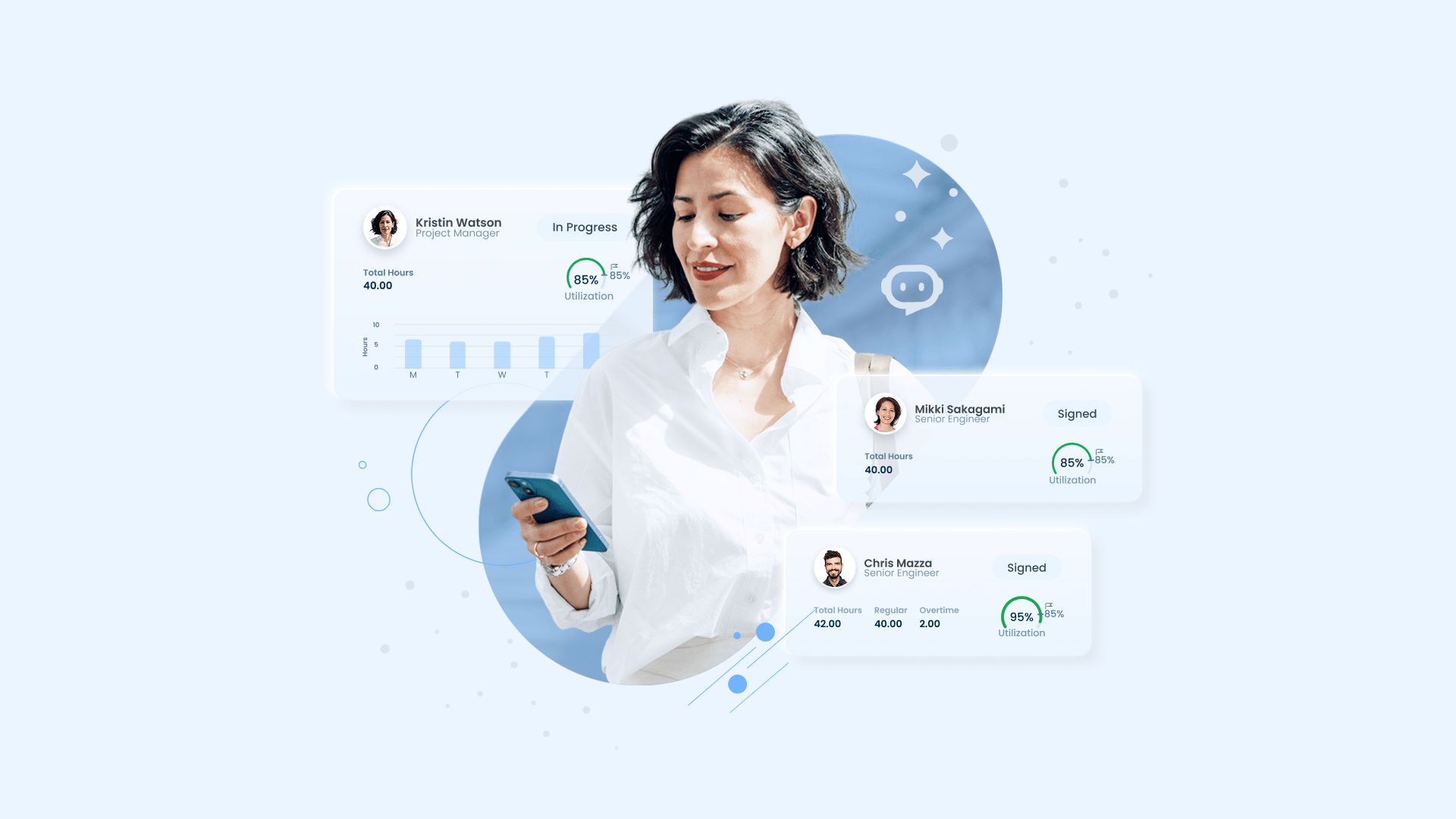 A woman in a white shirt looks at her phone, surrounded by floating digital time tracking dashboards displaying user profiles, task progress, and utilization statistics.