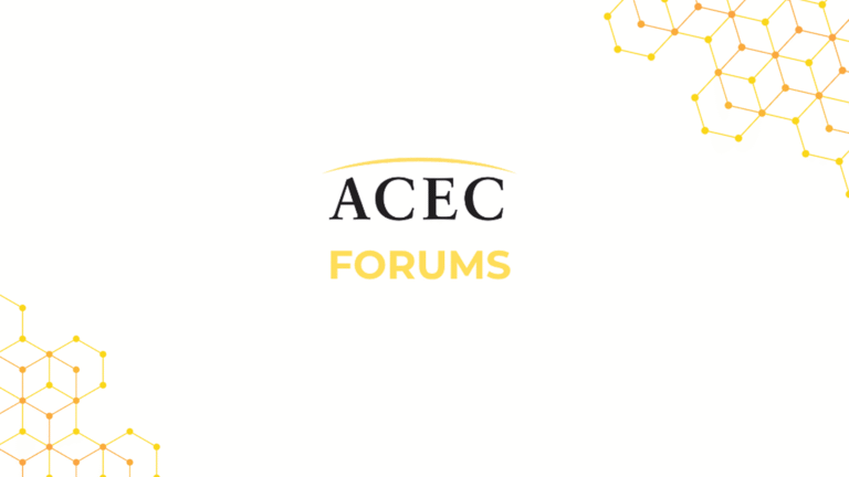 Centered text reads "ACEC FORUMS" with "ACEC" in black and "FORUMS" in yellow. Yellow geometric patterns decorate the top right and bottom left corners.