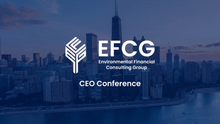 EFCG Environmental Financial Consulting Group CEO Conference text over a Chicago skyline with tall buildings and a waterfront.