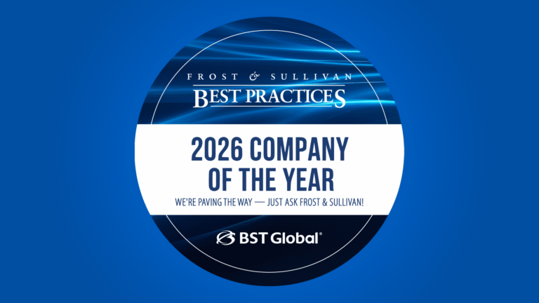 Circular badge with "Frost & Sullivan Best Practices" at the top, "2026 Company of the Year," and "BST Global" logo and name at the bottom on a blue background.