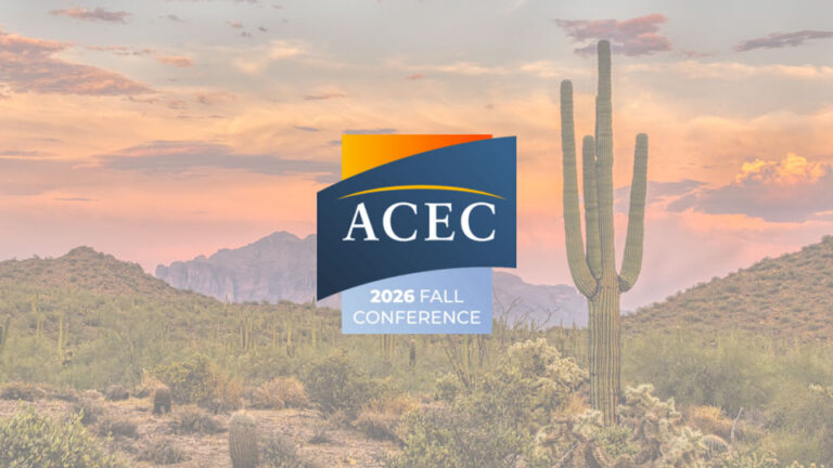 A desert landscape with cacti at sunset, overlaid with the ACEC 2026 Fall Conference logo in the center.