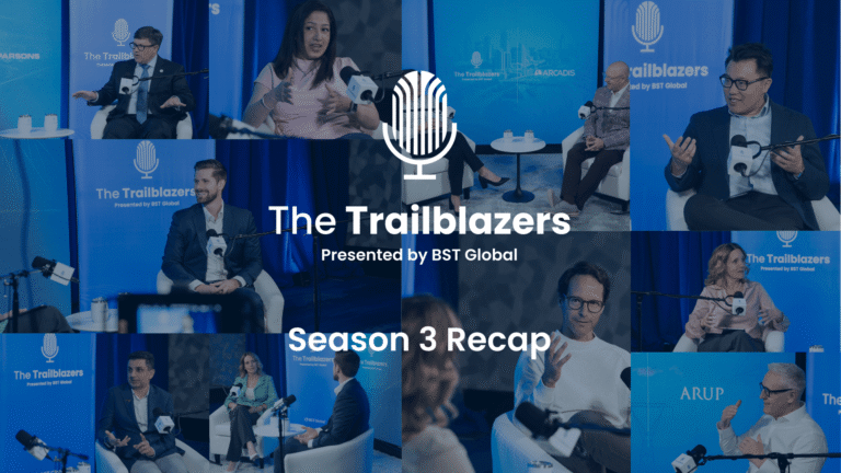 Collage of podcast guests speaking on “The Trailblazers” set with microphones and branded blue backdrop, promoting a Season 3 recap presented by BST Global.