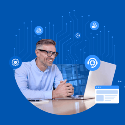 A man wearing glasses sits at a desk using a laptop, with digital technology icons and circuit graphics in the blue background.