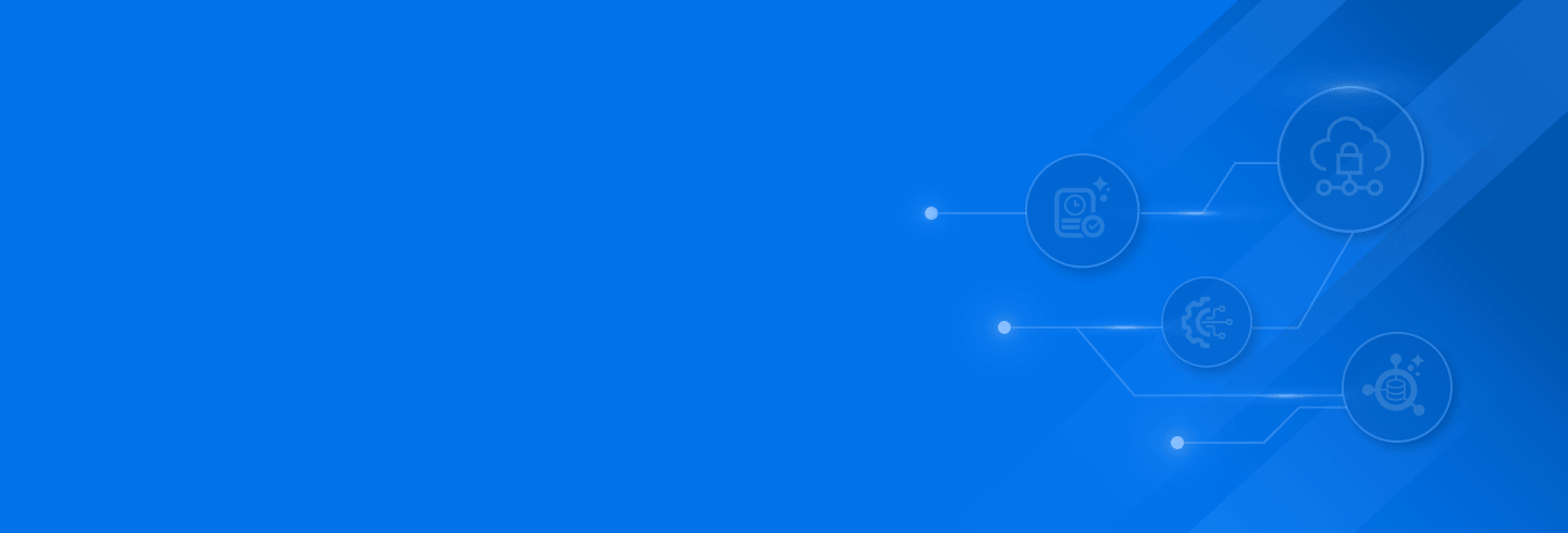 A blue background featuring a network of connected circular icons representing cloud security, data processing, and system management.