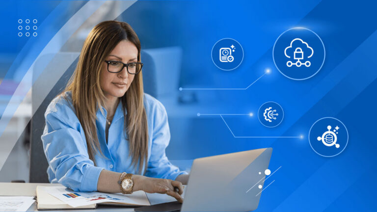 A woman working on a laptop at a desk with digital icons representing cloud data, security, and technology floating beside her.
