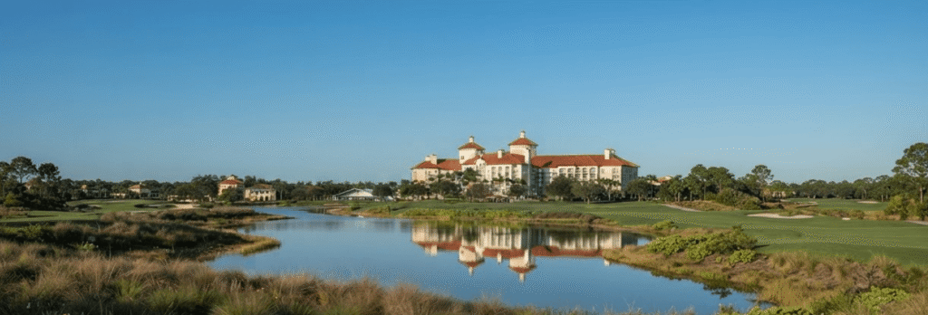 A large hotel with a red-tiled roof overlooking a golf course and a lake.